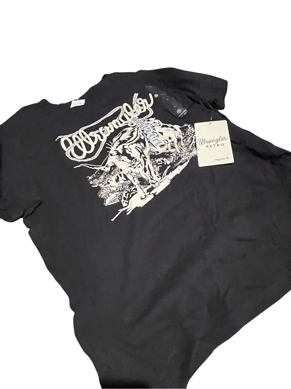 Wrangler Black Short-Sleeve Graphic Tee with Cream Western Print size large